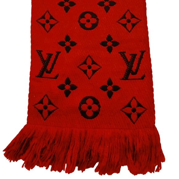 LOUIS VUITTON LV Classic Luxury Vintage Red Black Wool & Silk Monogram Scarf - Picture 5 of 15